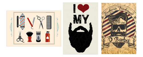 Kit 3 Quadros Decorativos Eu Amo Barba Barbearia Tamanho A4 