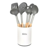 Set 6 Utensilios Nylon Con Mango Madera Hudson Blanco Base