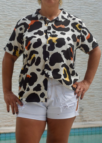 Camisa Animal Print Oncinha Unissex Estampada Viscose Blusa 