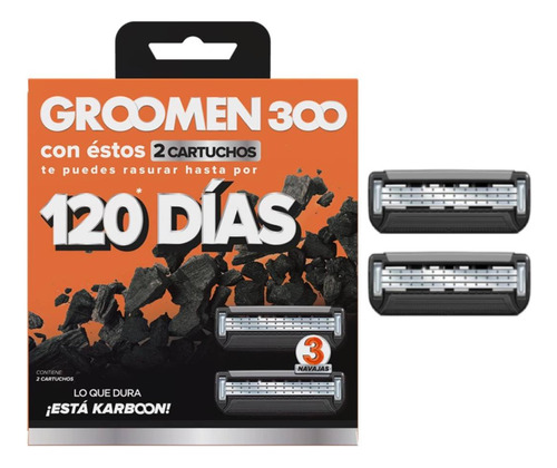 Groomen 300 120 Días Cartuchos Desechables 3 Navajas 2 Pzas