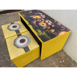 Kit Infantil Mesa Minions + 2 Puff En Cuerina