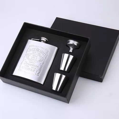 Petaca De Acero Set Caja Vasos Embudo Whisky Regalo Hombre