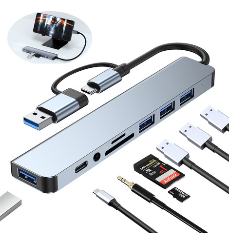 Adaptador Usb C Hub Tipo C, 8 En 1, Multipuerto, Usb 3.0, Sd