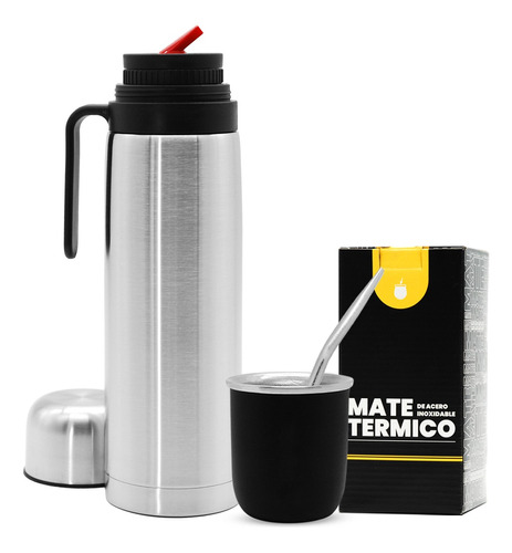 Juego Equipo De Mate De Acero + Termo 1 L + Bombilla