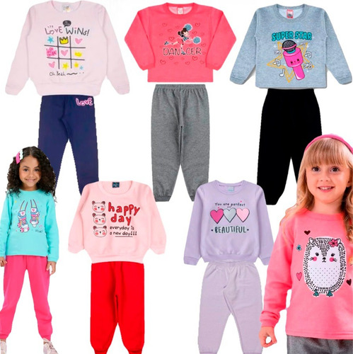 Kit 3 Conjuntos Feminino Infantil Moletom Frio Blusa Calça