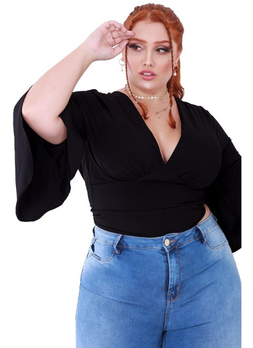 Cropped Plus Size Decotado Com Manga Longa Leve Soltinho Exg