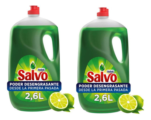 Jabon Liquido Lavatrastes Salvo Total Limon 2.6 L C/u 2 Pzas