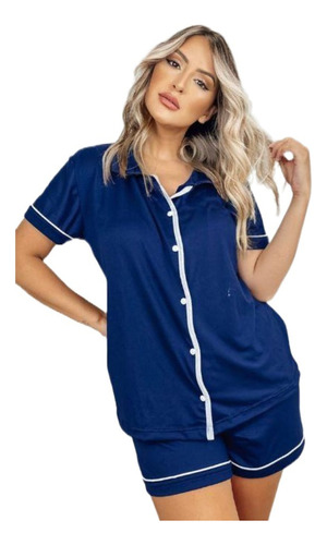 Pijama Longo Feminino Americano Suede Azul