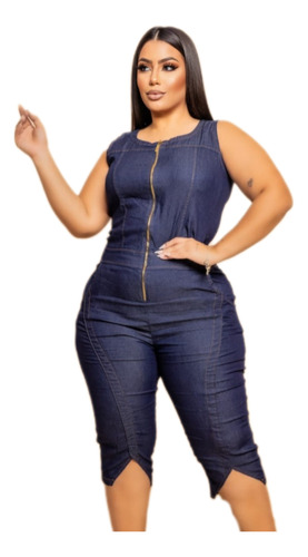 Macacão Jeans Feminino Jardineira Pantacourt Plus Size Lídia