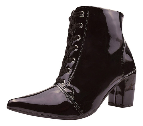 Bota Bico Fino Coturno Feminino Verniz Cano Curto Salto Luxo