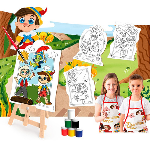 Kit De Pintura Infantil Desenhos C/ Mini Cavalete De Mesa
