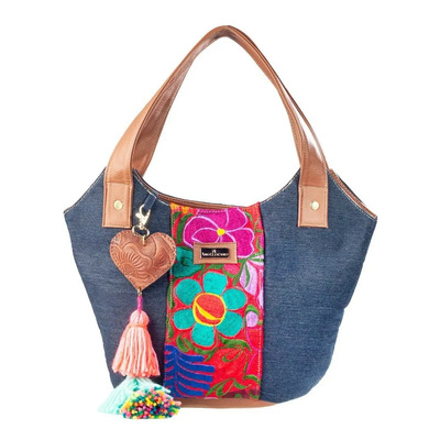 Bolsa Para Dama En Sintético Con Telar Artesanal Diana Flores Azul Mezclilla