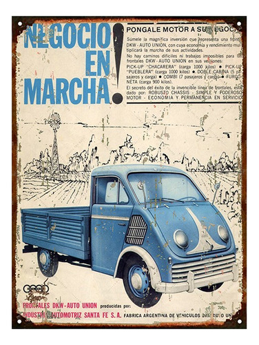 Cartel De Chapa Publicidad Antigua Auto Union Pick Up Y283