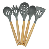 Set X 5 Utensilios De Cocina Mango Madera Punta Silicona