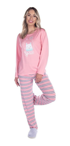 Pijama Estampado Feminino Adulto Comprido Frio Manga Longa
