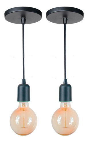 2 Un. Lustres Pendentes Simples Industrial Cabo Pp 1,3m E27