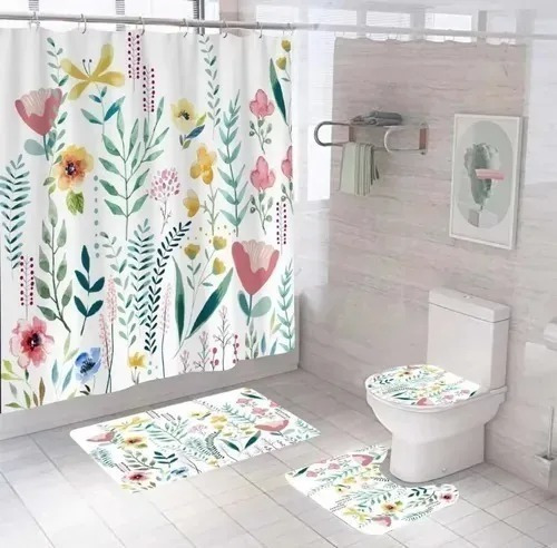 Juego Set De Baño Cortinas Alfombras Accesorios Baños 4 En 1