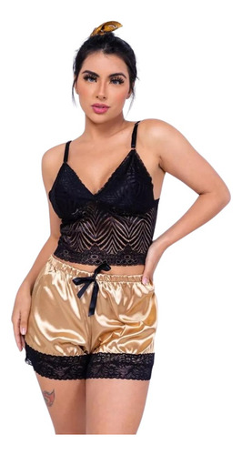 Baby Doll/short Doll De Cetim Com Renda Sem Bojo Com Alça
