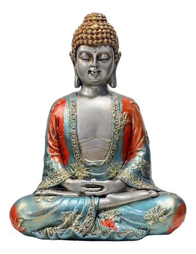 Buda Hindu Tibetano Imagem Estátua Azul E Prata Enfeite 22cm