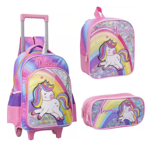 Kit Mochila Escolar Rodinha Lancheira Unicornio Rosa Meninas