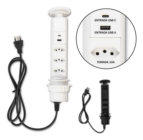 Torre De Tomada Retrátil Multiplug Usb A Usb C 3 Tomadas 10a Cor Branco