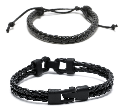 Pack 2 Pulsera Cuero Hombre Brazalete Pulsera Negro Mujer