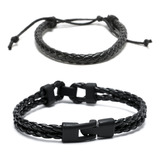 Pack 2 Pulsera Cuero Hombre Brazalete Pulsera Negro Mujer