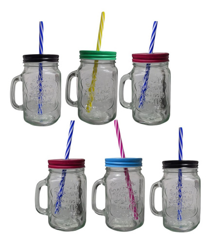 6pzs Mason Jar Frasco Tarro Popote Tapa Colores Taza Vidrio