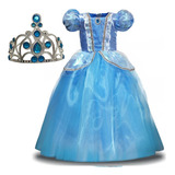 Vestido Princesa Infantil Longo Azul Menina Criança + Tiara