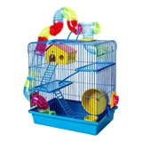 Gaiola 3 Andares Tubo Hamster Super Luxo Comedouro Casinha Cor Azul