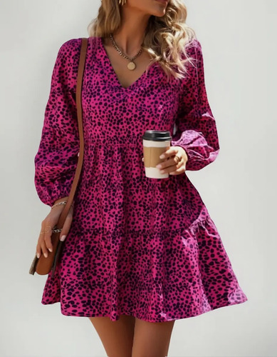 Vestido Rosa Corto Manga Larga Casual Moderno Estampado Moda
