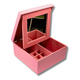 Caixa Flocada Maquiagem Com Espelho 22x22x8 Rosa - Mdf