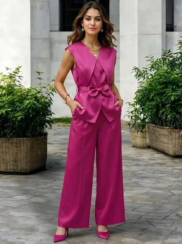 Set Dos Piezas Chaleco Y Pantalón Rosado Satinado Elegante