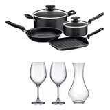 Set Batería Cocina Ollas Tramontina + Copas Vino Decantador