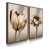 Quadros Dupla Decorativos Flores Ton Cobre  Sala Folhas