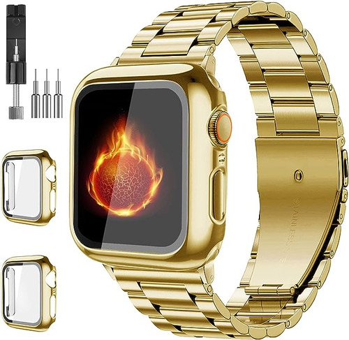 Malla Y Protector De Pantalla P/apple Watch 9/8/7 45mm Gold