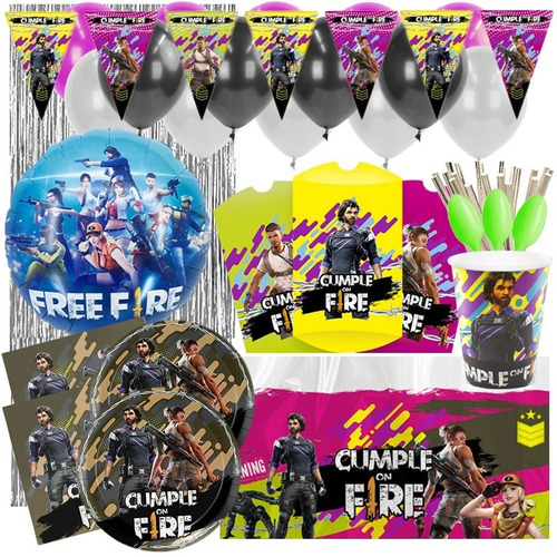 Set Decoración Fiesta + Globos Motivo Free Fire (6 Pers)