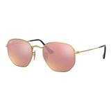 Anteojos De Sol Ray-ban Round Hexagonal Flat Lenses Small Con Marco De Acero Color Polished Gold, Lente Copper De Cristal Espejada, Varilla Polished Gold De Acero - Rb3548n