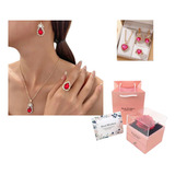 Juego Joyas Aretes Cadena Anillo Mujer + Joyero Rosa Eterna