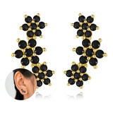 Aros Dorados Con Flores De Diamantes Negros, Aretes Colgante