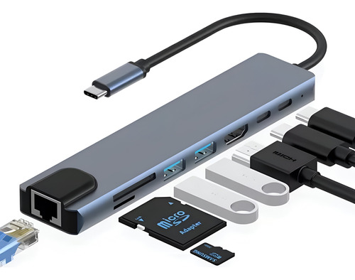 Hub Adaptador Multi Tipo C 8 En 1 Usb C A Hdmi Con Ethernet 