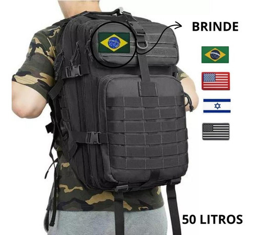 Mochila Militar Assalt Tática Masculina Feminina Grande 50lt Cor Preto Desenho Do Tecido Liso