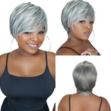 Peruca Lace Wig Curta Estilo Pixie Cinza Grisalho