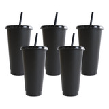 Vasos Con Popote Tapa Reusables Plastico  24oz 5 Piezas