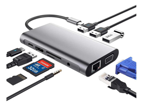 Hub Adaptador 10 Em 1 Tipo C Usb 3.0 Hdmi Rj45 Micro Sd Tf