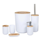 Kit De Banheiro Lixeira Saboneteira Branco C/ Bambu 6 Peças