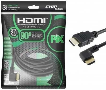 Cabo Hdmi L 3m 90 Graus Blindado 2.0 Ethernet 3 Metros 4k 3d