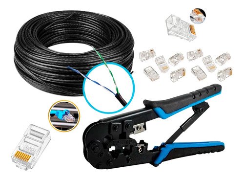 Kit 100m Cabo Rede Cat5 + 20 Plug Rj45 +  Alicate Crimpar 