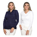 Kit 2 Blusa Feminina Tricot Gola V Manga Longa Sueter Lã