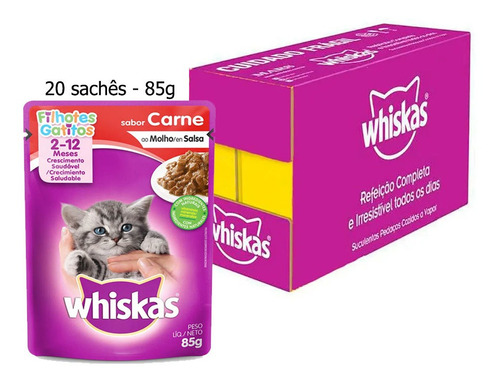 Caixa Alimento Úmido Whiskas Carne Filhotes, 85g Ração Gato